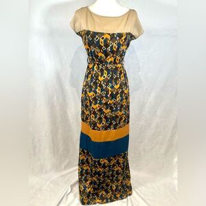 Tan gold and teal geometric print color block cotton blend maxi dress size small